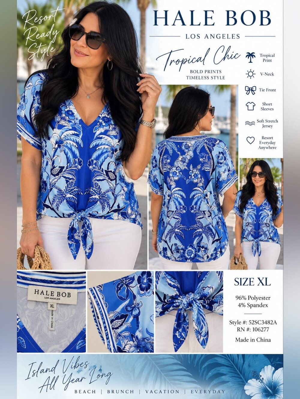 Hale Bob Blue Tropical Floral Palm Print Tie Front Top XL Boho Resort